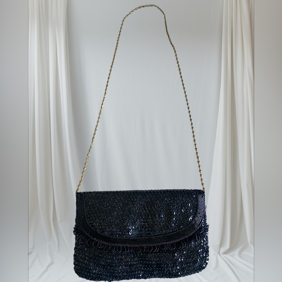 Bag  la regale Ltd Black beaded Sequin Clutch with Gold Chain shoulder bag - Picture 1 of 6